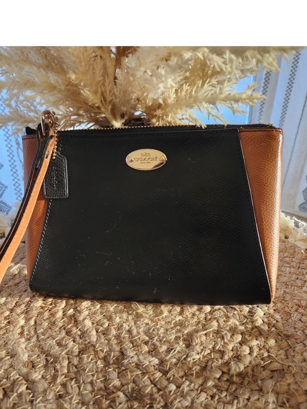 Coach Black and Brown Leather Wristlet with Gold Accent